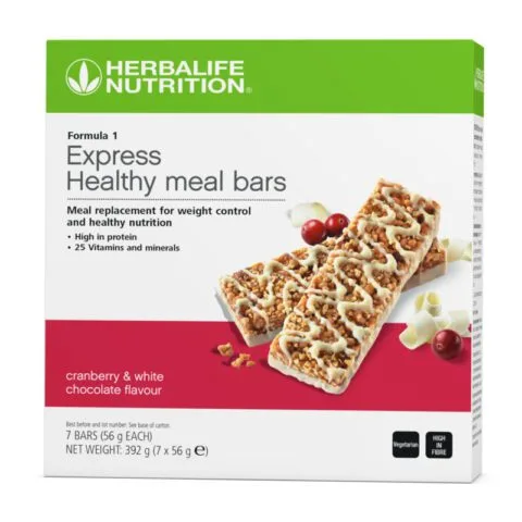 Herbalife Formula 1 Express Healthy Meal Bars Cranberry & White Chocolate 7 bars 392 g box front view on a white background.