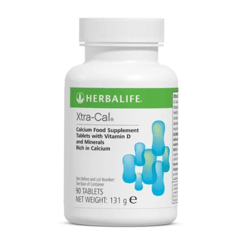 Herbalife Xtra-Cal Calcium food supplement bottle containing 90 tablets with vitamin D and minerals on a solid white background.