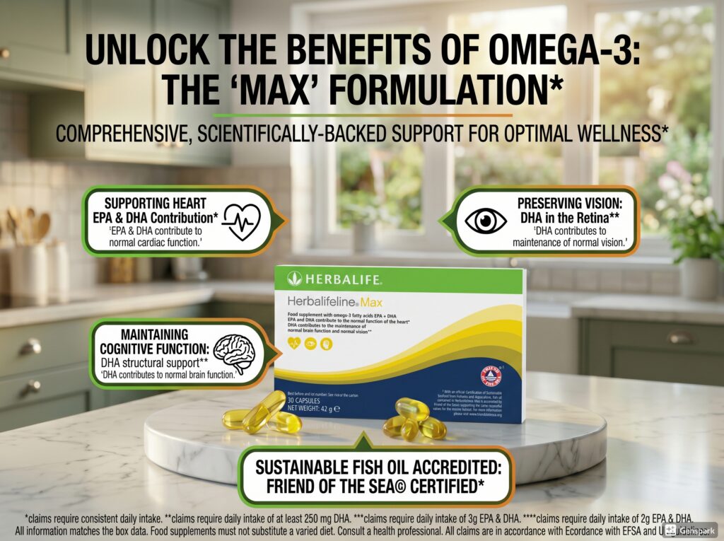Herbalifeline Max Omega-3 box and capsules on a marble tray with infographics highlighting heart, brain, vision benefits, and Friend of the Sea certification.