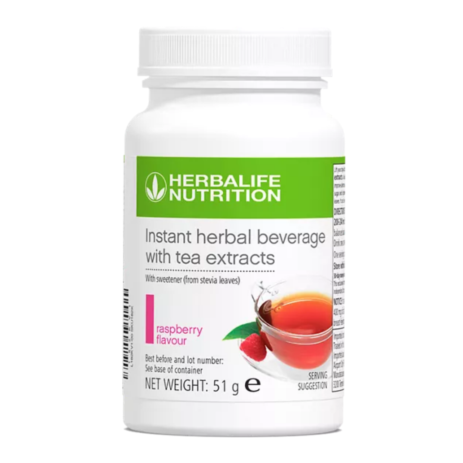 Herbalife Instant Herbal Beverage with tea extracts, raspberry flavour, 51 g tub on a white background