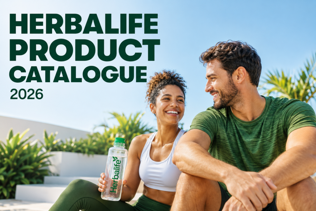 Wide promotional cover image for Herbalife Product Catalogue 2026 featuring two smiling active adults outdoors with bold headline text.