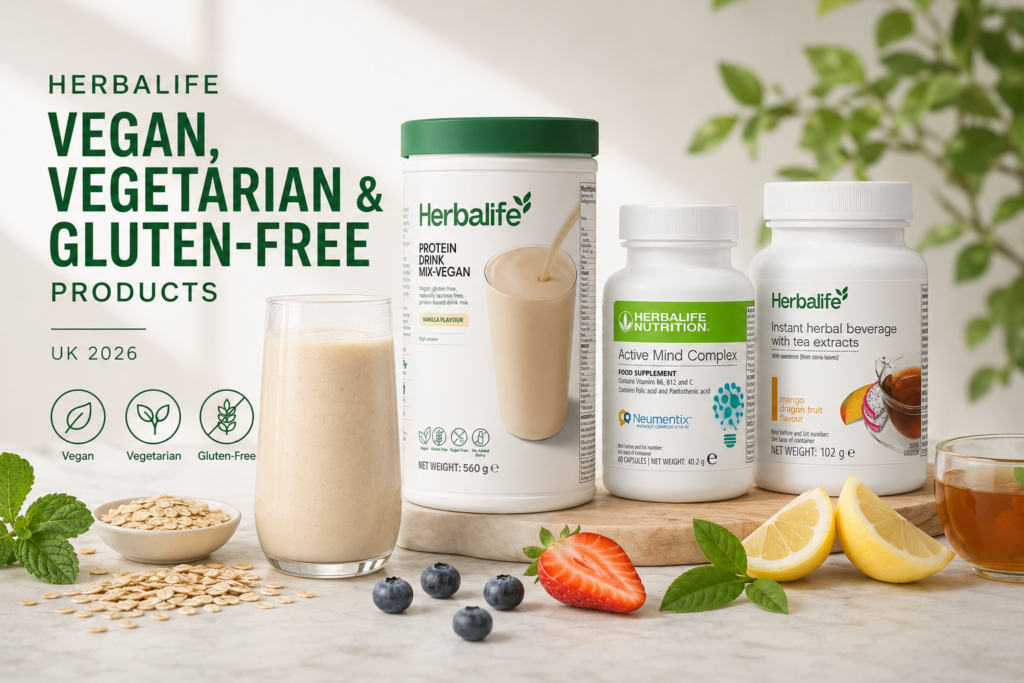 Herbalife Vegan Protein Drink Mix, Active Mind Complex and Instant Herbal Beverage displayed with vegan, vegetarian and gluten-free dietary categories.