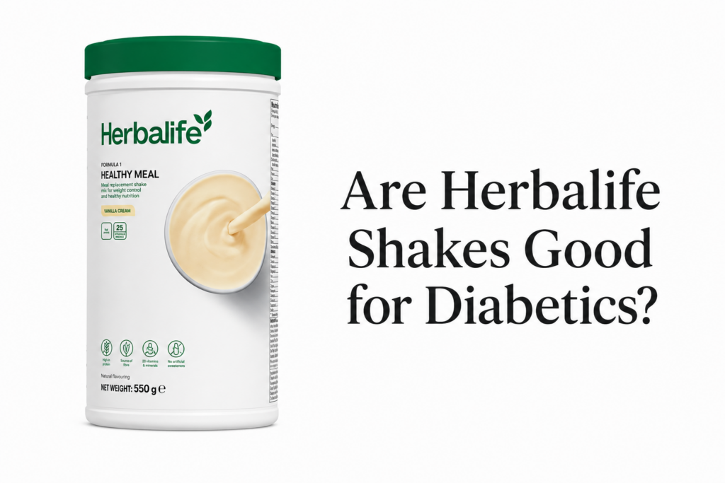 Herbalife Formula 1 Healthy Meal Vanilla Cream container on a white background with the heading “Are Herbalife Shakes Good for Diabetics?”