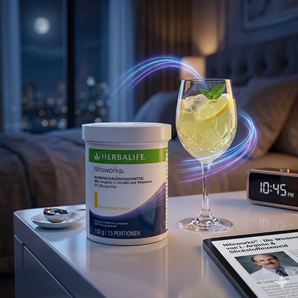 Herbalife Niteworks 150g tub on a bedside table next to a glass of lemon drink at night with a digital clock showing 10:45 PM.