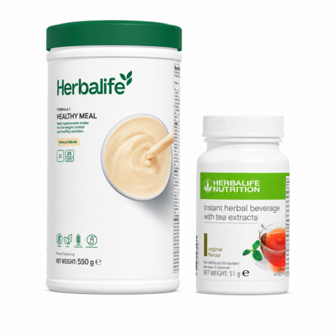 Herbalife Formula 1 Healthy Meal Vanilla Cream 550 g and Instant Herbal Beverage Original 51 g bundle on a white background.