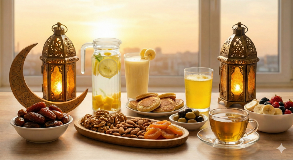 Ramadan Suhoor and Iftar table setup featuring Herbalife Formula 1 shake, herbal tea, aloe drink, dates, nuts, and traditional gold lanterns at sunset.