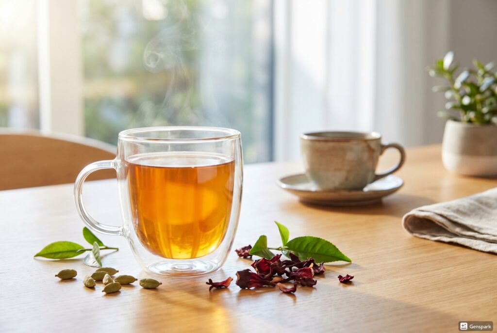 A steaming glass cup of herbal tea on a wooden table surrounded by green tea leaves, cardamom pods, and dried hibiscus petals.