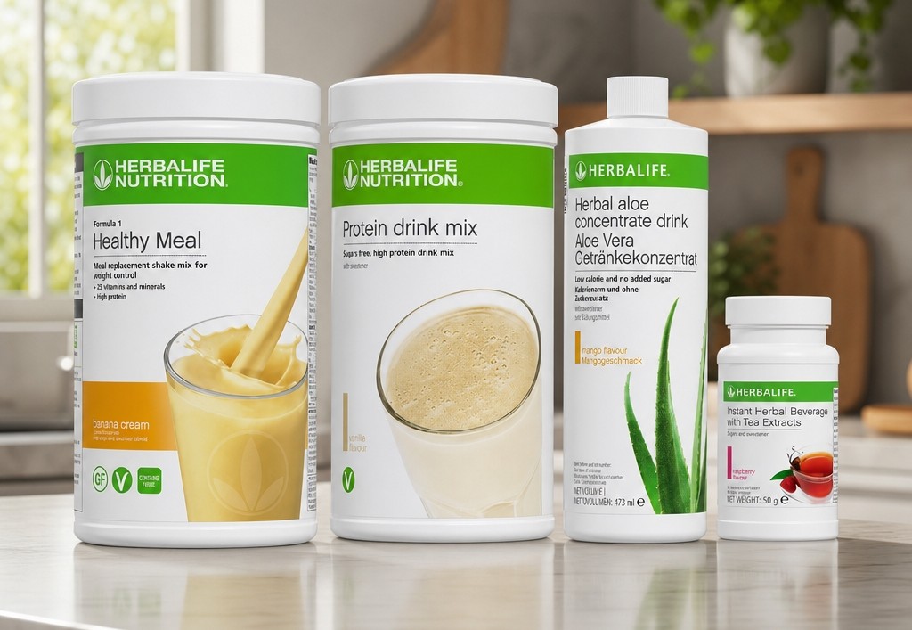 Herbalife Ideal Breakfast Kit including Formula 1 Banana Cream shake, Protein Drink Mix, Herbal Aloe Concentrate Mango, and Instant Herbal Beverage Raspberry tea on a kitchen counter.