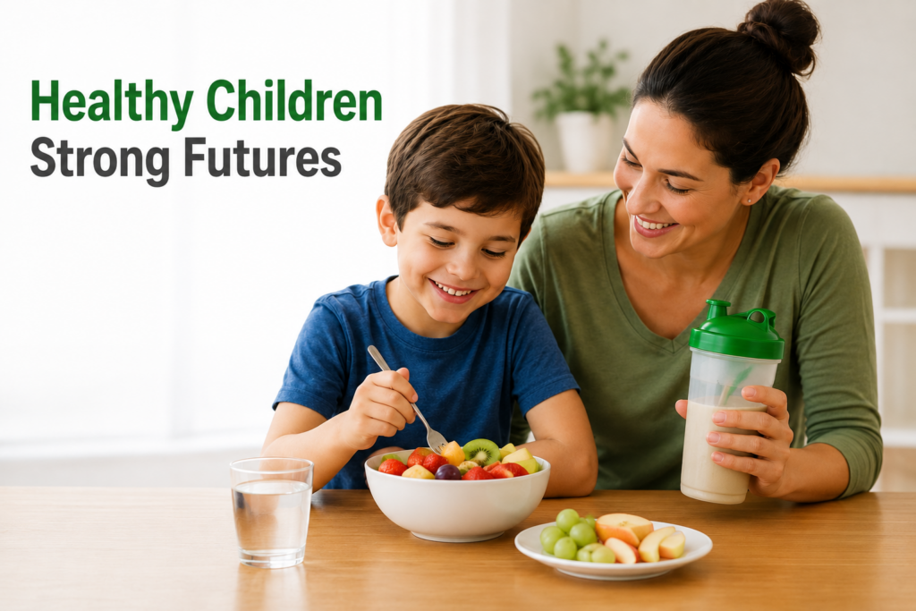 Mother drinking her own Herbalife Formula 1 shake while her son eats a bowl of fresh fruit, illustrating that Formula 1 is formulated for adults, not children