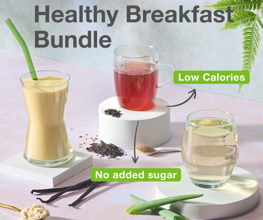 Vertical 3-step visualization of Herbalife Ideal Breakfast: Mango Aloe, Herbal Tea with lemon, and Vanilla Shake with berries on a marble counter.