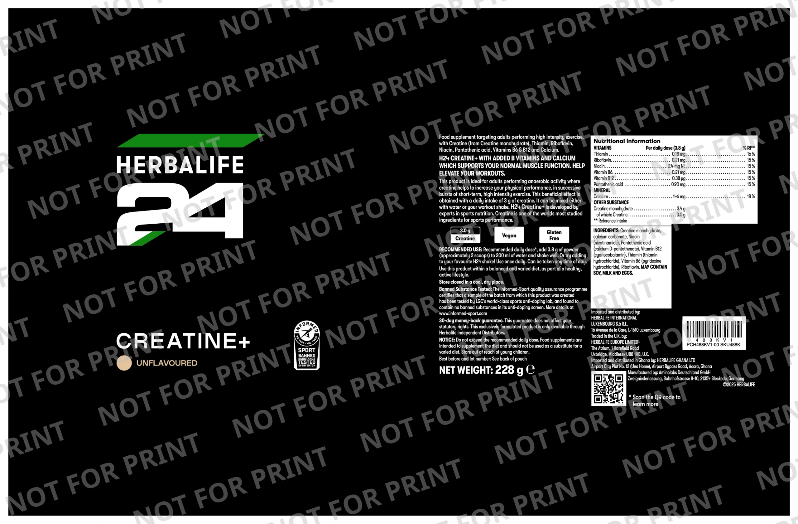 Herbalife H24 Creatine+ Unflavoured 228g product label and nutritional information