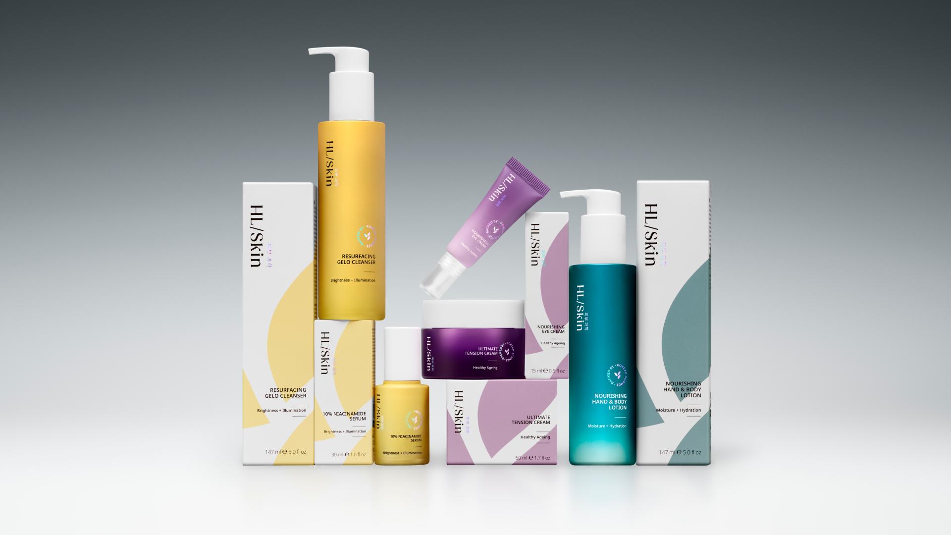 HL/Skin skincare range including cleanser, niacinamide serum, eye cream and moisturising products