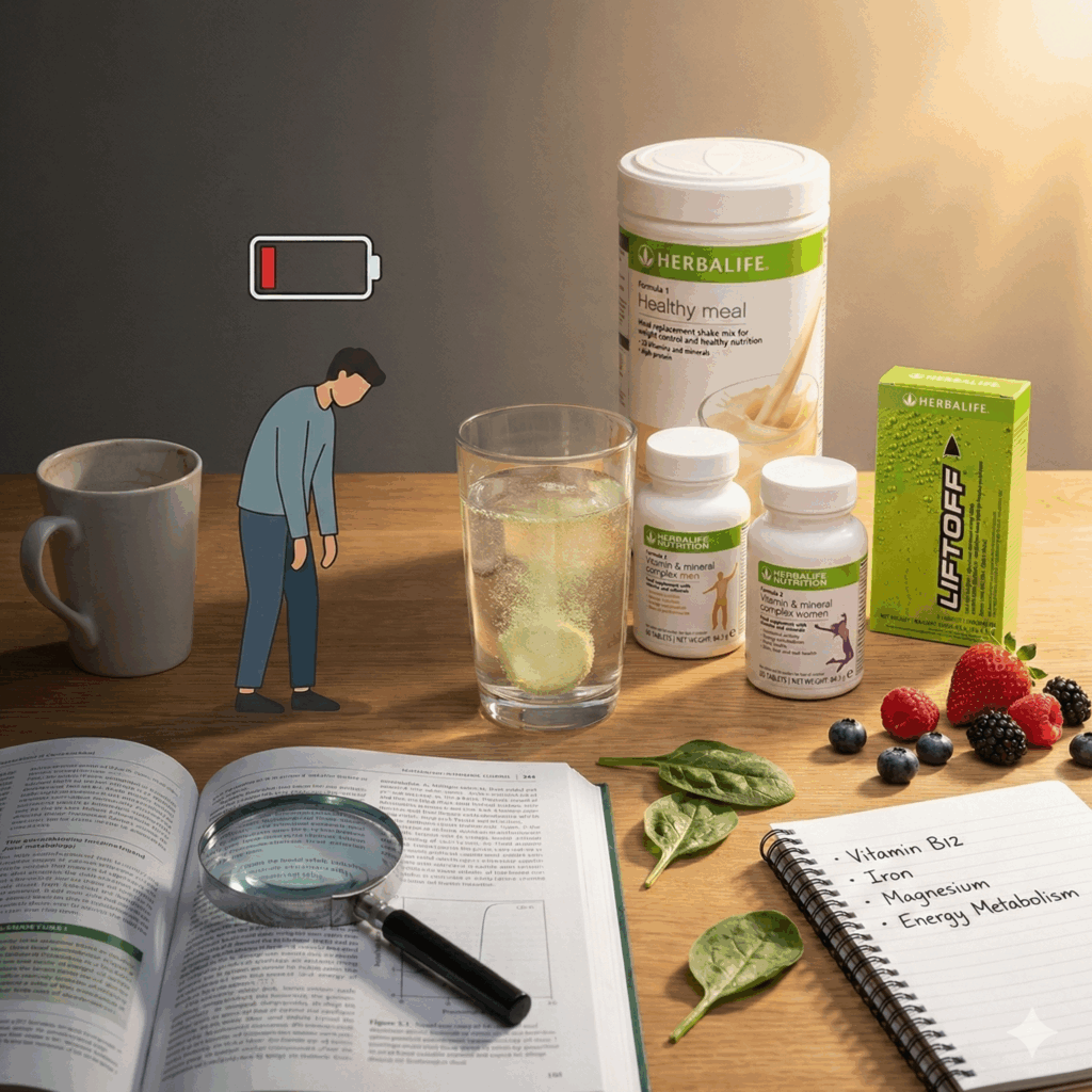 A comprehensive visual representation of nutritional gaps causing fatigue, featuring a tired character next to scientific notes on Vitamin B12 and Iron, fresh ingredients, and Herbalife UK products including Formula 1, Formula 2 Men and Women, and Liftoff.