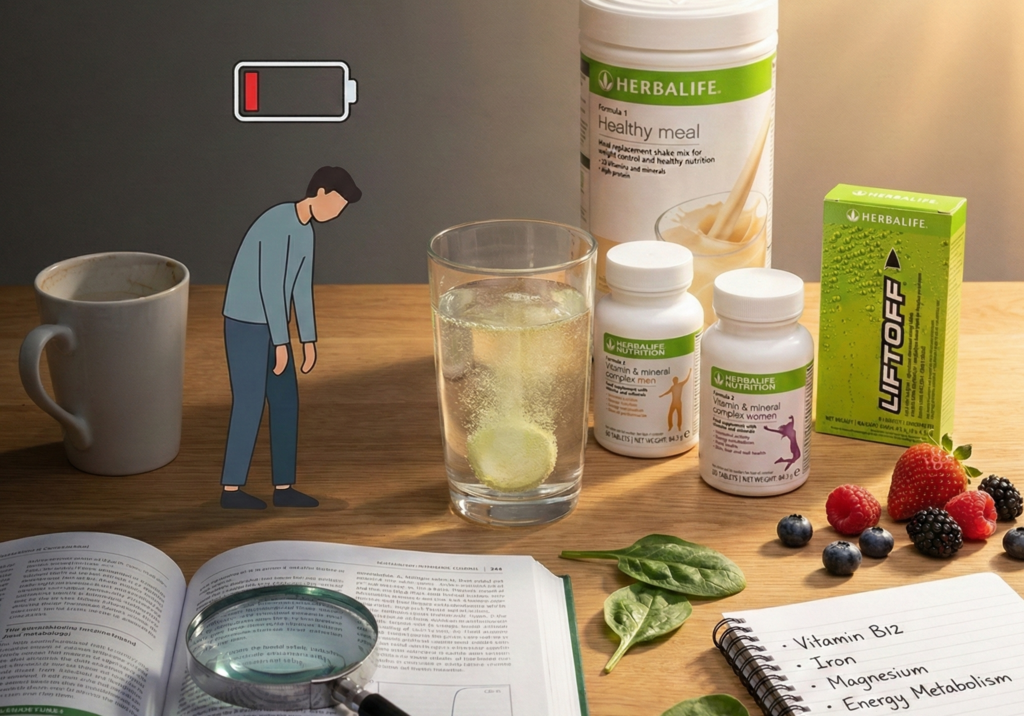 An illustrated tired person with a low battery icon next to an effervescent energy tablet dissolving in water, open books listing Vitamin B12, Iron, Magnesium, and Herbalife energy supplements.
