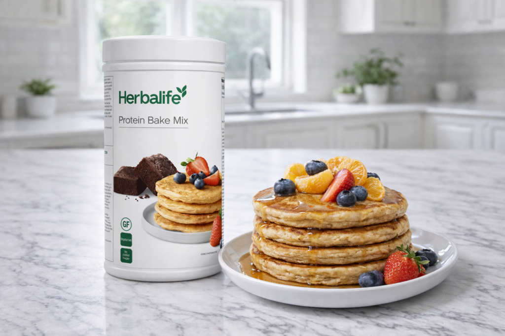 Stack of fluffy protein pancakes topped with fresh clementines blueberries and strawberries on a plate next to Herbalife Protein Bake Mix