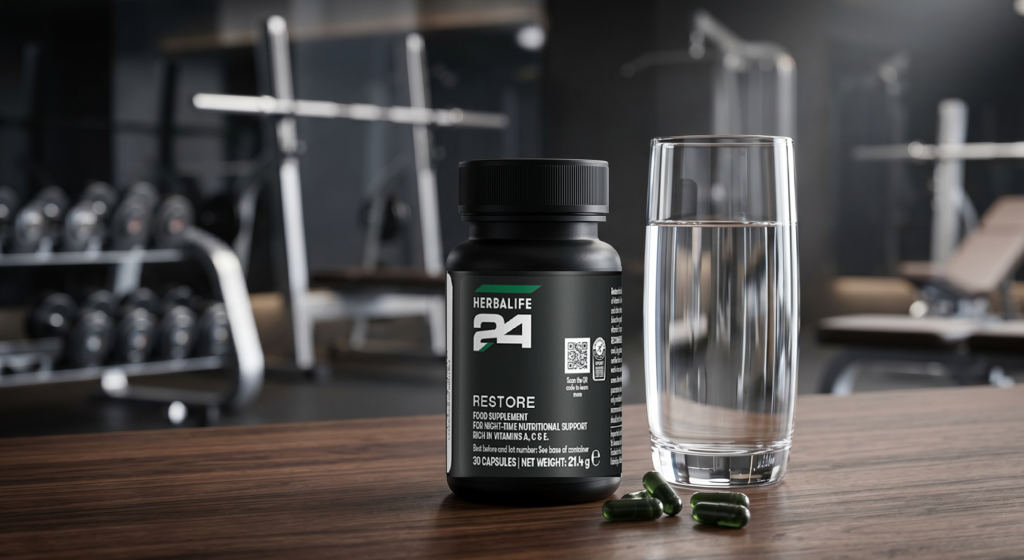 Herbalife24 Restore UK supplement bottle standing upright with green capsules and a water glass for nighttime muscle recovery in a gym setting