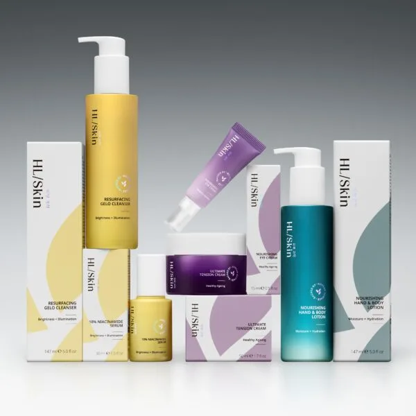 Herbalife HL/Skin care product range including Resurfacing Gelo Cleanser, 10% Niacinamide Serum, and Ultimate Tension Cream against a gradient grey background