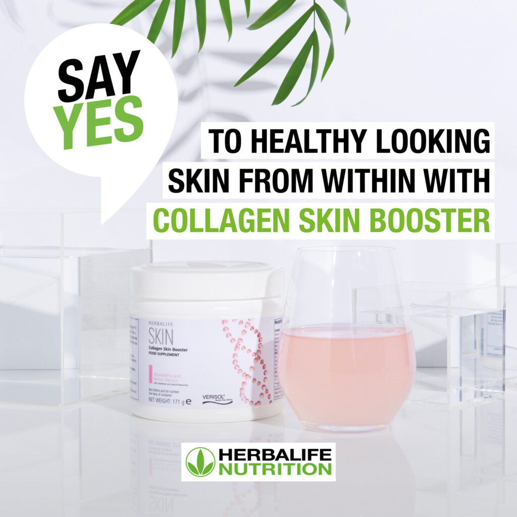 Herbalife Collagen Skin Booster - Premium Skincare Supplement erbalife Nutrition Collagen Skin Booster strawberry and lemon flavour product display for skin elasticity UK