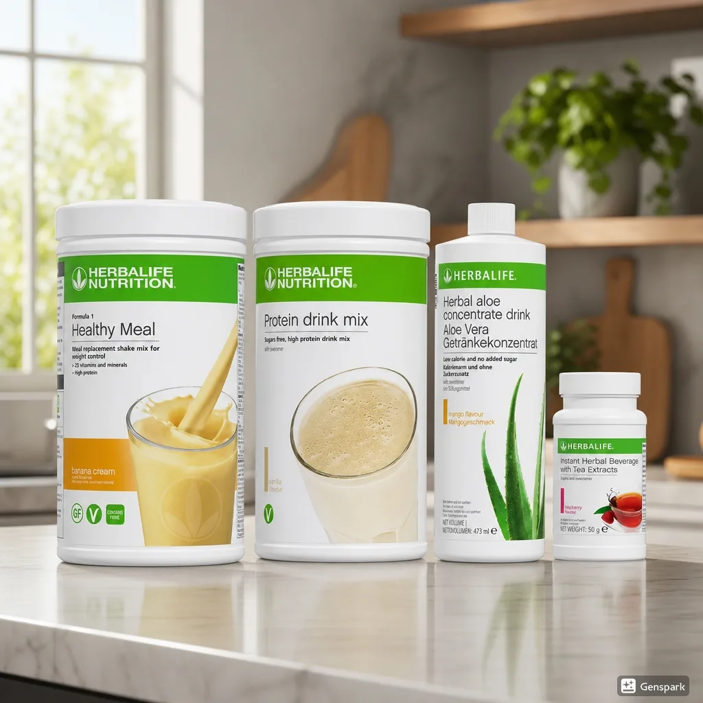 Herbalife Formula 1 Healthy Meal banana cream shake, Protein Drink Mix, Herbal Aloe Concentrate, and Instant Herbal Beverage on a modern kitchen counter