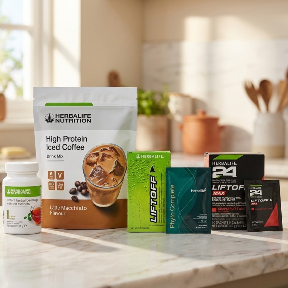 Herbalife caffeine set with High Protein Iced Coffee Latte Macchiato, Instant Herbal Beverage Original, LiftOff, Phyto Complete and LiftOff Max displayed on a kitchen counter.