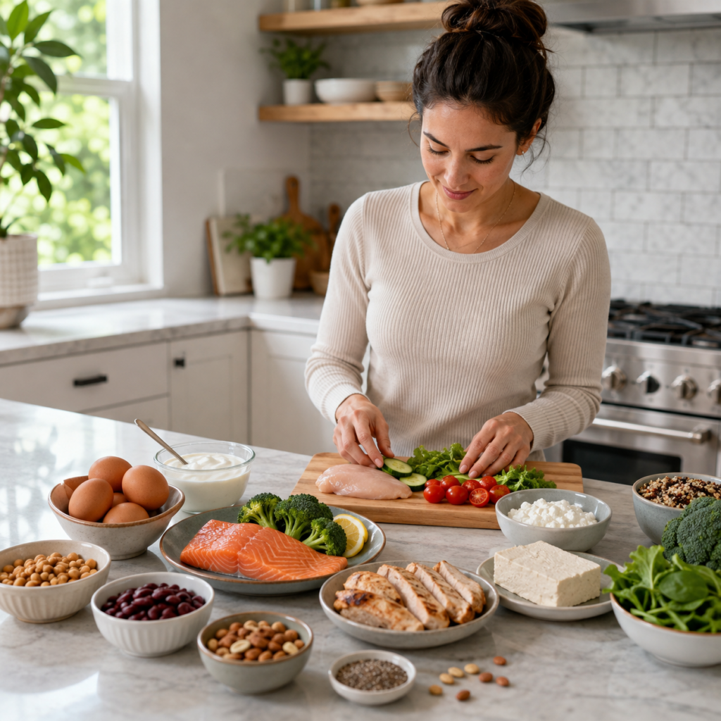 Woman preparing a balanced high-protein meal in a bright kitchen with eggs, salmon, chicken, yogurt, beans, tofu, nuts and vegetables.