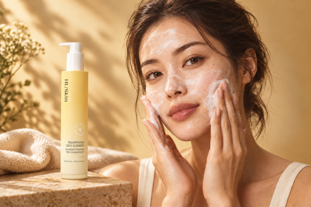 Woman cleansing her face with HL/Skin Resurfacing Gelo Cleanser beside the product bottle in a warm skincare setting.