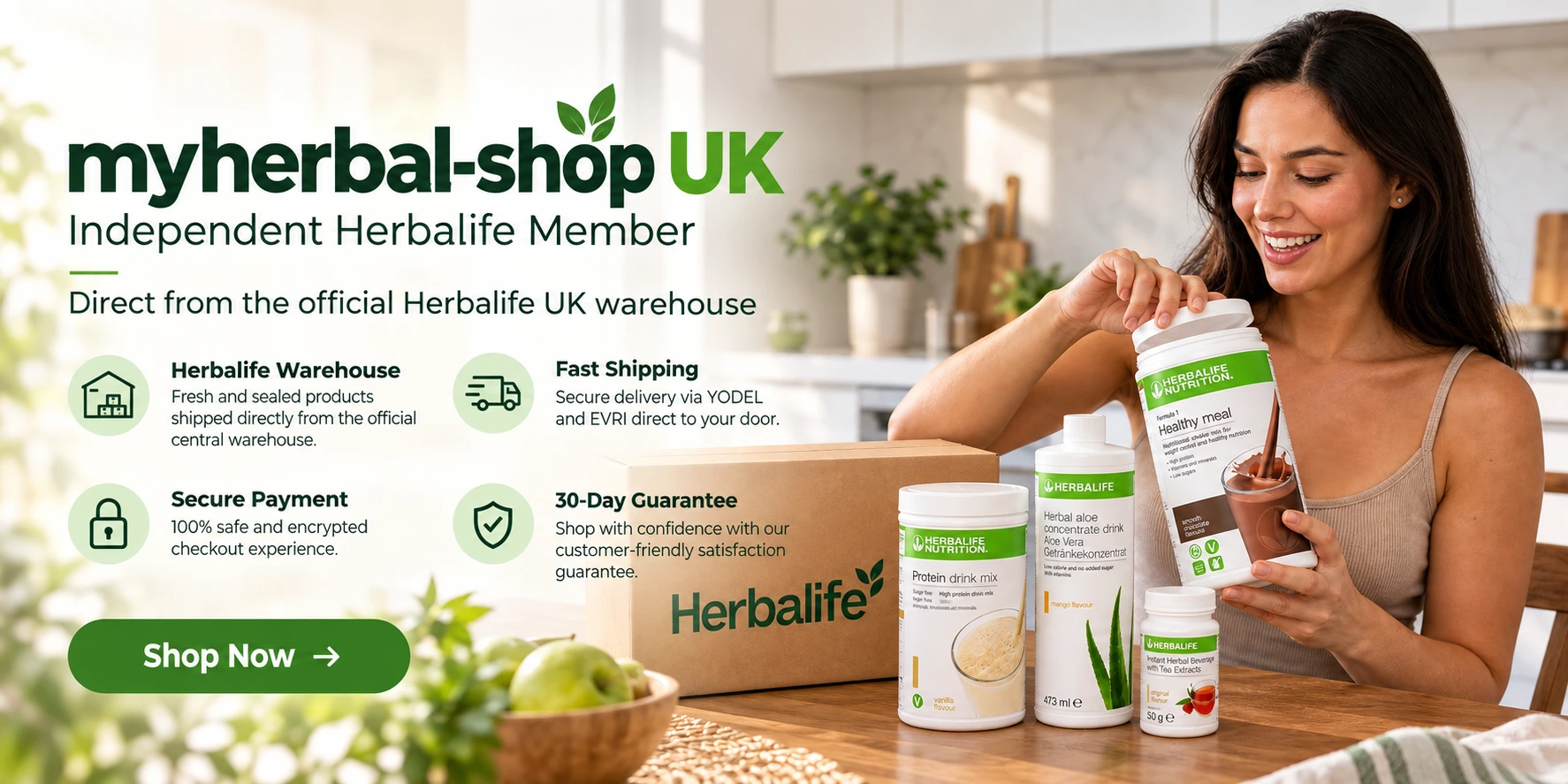 Woman holding Herbalife products in a bright kitchen with myherbal-shop UK branding, UK warehouse delivery, fast shipping, secure payment and 30-day guarantee.